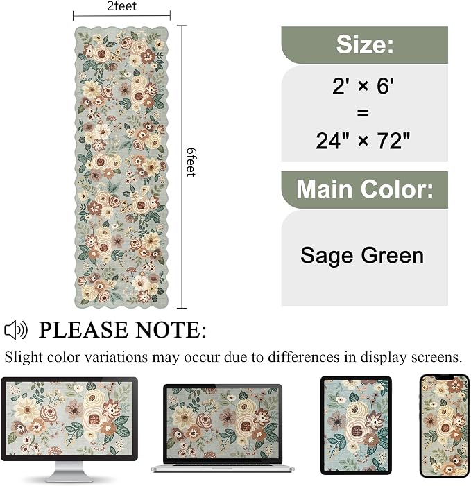 DUKINO 4x6 Area Rug, Floral Non-Slip Indoor Washable Rug with Low Pile & Non-Shedding, Lightwight Boho Design Carpet for Entryway, Bedroom, Kids Room, Living Room, Kitchen, Sage Green