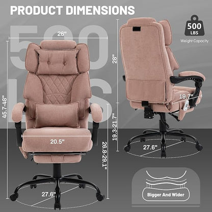 Massage Office Chair with Foot Rest,6 Points Vibration & Heat Executive Office Chairs,Ergonomic Fabric Desk Chair for Heavy People,Big and Tall Office Chair 500LBS,Recliner with Dual-Use Pillow,Pink