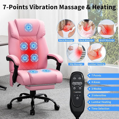 HOFFREE Massage Office Chair with Heat 7 Points Vibration Ergonomic Executive Office Chair with Footrest Reclining High Back Home Office Desk Chairs Light Pink