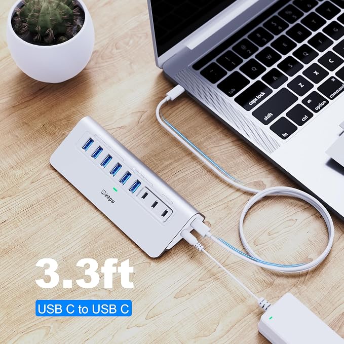 Powered USB Hub 10Gbps, intpw 9-Port USB 3.2 Hub, USB C with USB A/USB 3.2 Hub, 4 USB 3.0, 2 PD 45W Charging Port, 65W Power Adapter and 3.3FT Cable, Aluminum USB Hub for PC/Laptop, iPhone 17/16/15