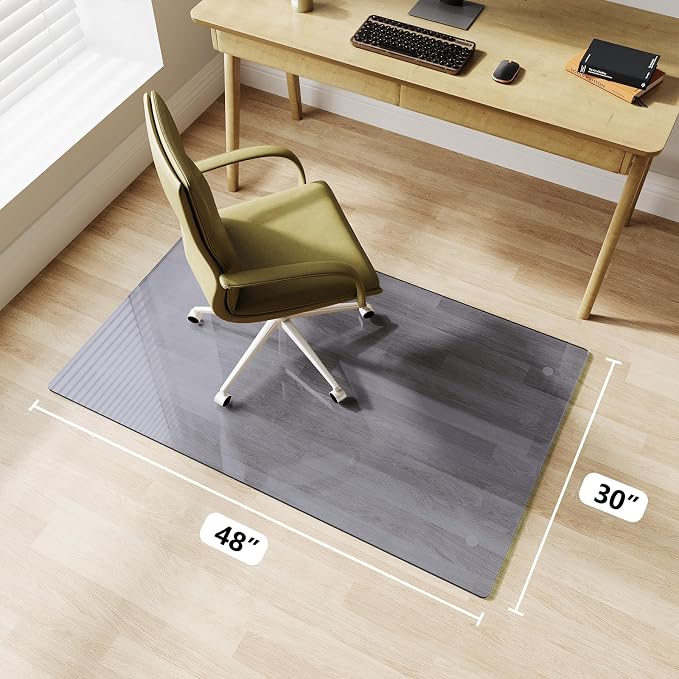 Glass Chair Mat 30" x 48" Heavy Duty Tempered Glass Office Chair Mat, Glass Floor Mat with Round Corner and Polished Edge for Smooth Glide, Carpet Floor Protector, Grey