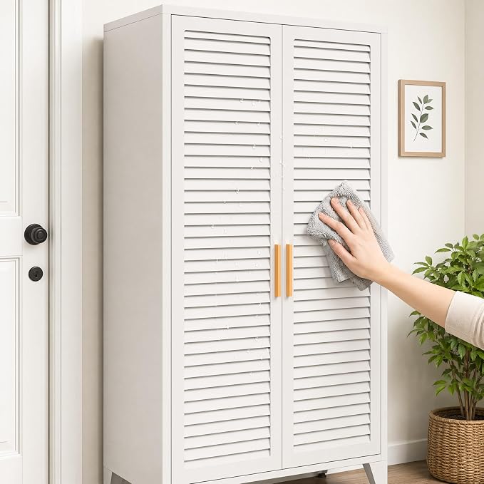 kastfh White Metal Storage Cabinet with Doors and 3 Adjustable Shelves, 61" Tall 4-Tier Pantry Storage Cabinet for the Kitchen, Living Room, Bedroom, Home, Bathroom and Office
