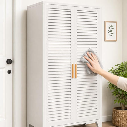 kastfh White Metal Storage Cabinet with Doors and 3 Adjustable Shelves, 61" Tall 4-Tier Pantry Storage Cabinet for the Kitchen, Living Room, Bedroom, Home, Bathroom and Office