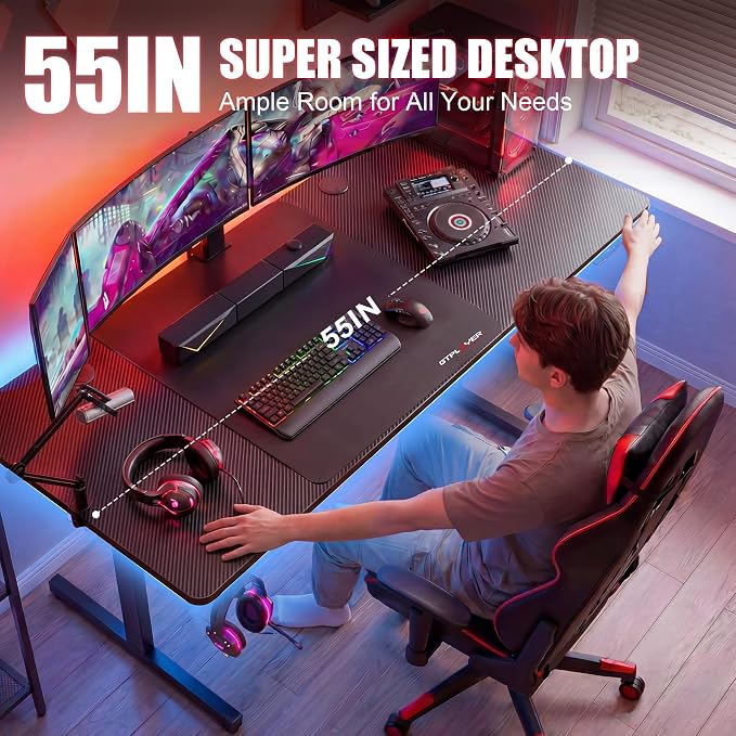 GTPLAYER Gaming Desk 55 Inch with LED Lights, Large Computer Desk with Mouse Pad for Home Office, T-Shaped Carbon Fibre Surface PC Game Workstations with Headphone Hook