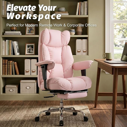 Efomao Executive Office Chair 400lbs,Pink Big and Tall Desk Chair | Mattress-grade pocket spring cushion, sleek leather, 135° recline & footrest for computer gaming setup.