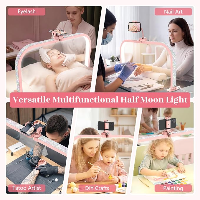 LIONVISON Nail Light Half Moon: 29" Foldable Half Moon Light for Nail Desk - 3 Color Modes & 10 Brightness - Arch LED Nail Desk Lamp with Phone Holder for Manicure Salon (Pink with Diamond)