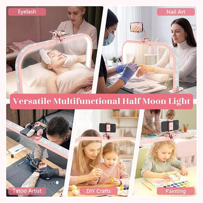 LIONVISON Nail Light Half Moon: 29" Foldable Half Moon Light for Nail Desk - 3 Color Modes & 10 Brightness - Arch LED Nail Desk Lamp with Phone Holder for Manicure Salon (Pink with Diamond)
