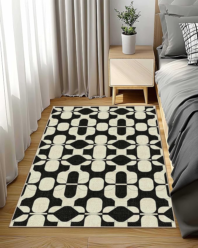 Latte&Fog 3x5 Entryway Rug, Vintage Washable Area Rug, Boho Non Slip Low Pile Throw Carpet for Indoor Bedroom Bedside, Kitchen, Entry and Living Room - Black Beige