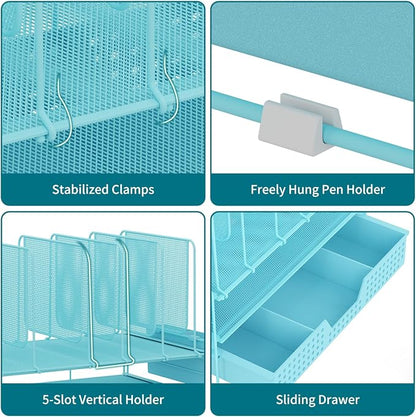 LEKETREE Teal Desk Organizer, Office Organization with Vertical File Holder, File Organizer with Drawer and Pen Holder, Desk Accessories and Workspace Organizers for Home Office (Sky Blue)