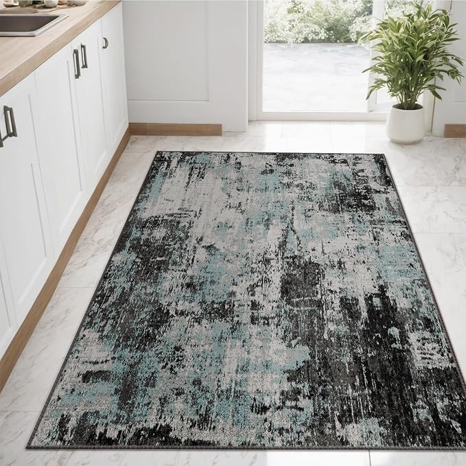 RELEANY Washable Area Rugs 3'x5' Non-Slip Modern Abstract Soft for Living Room Entryway Bedroom Kitchen, Print Pattern, Blue Black Teal