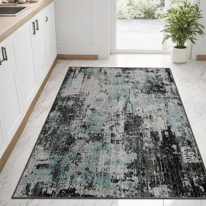 RELEANY Washable Area Rugs 3'x5' Non-Slip Modern Abstract Soft for Living Room Entryway Bedroom Kitchen, Print Pattern, Blue Black Teal