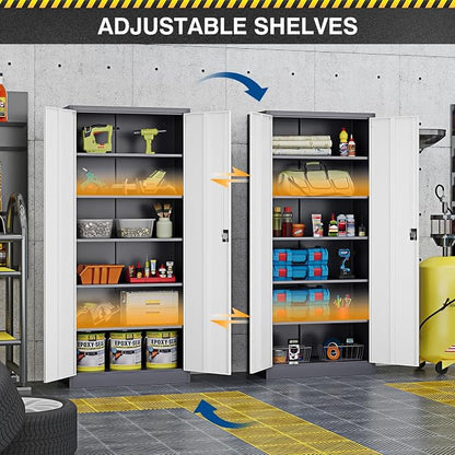 Fesbos Metal Storage Cabinet-71” Tall Steel File Cabinets with Lockable Doors and Adjustable Shelves-Gray&White Steel Storage Cabinet for Home,Kitchen, School, Office, Garage