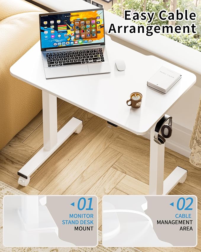 Okin Electric Standing Desk 31.5x19.7 Inches Small Computer Desk-Whole Piece Stand up Desk with Wheels Gaming Rolling Home Office Desks, White