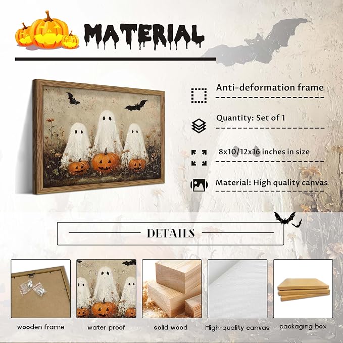 Framed Rustic Halloween Ghost Wall Art - Vintage Farmhouse Ghosts Pumpkins and Bats Canvas Print, Country Cottage Halloween Wall Decor for Living Room Bedroom, 12x16in Wood Frame