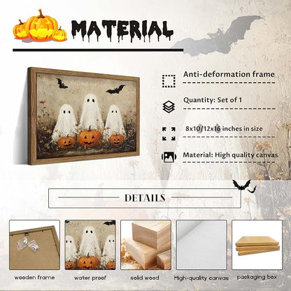 Framed Rustic Halloween Ghost Wall Art - Vintage Farmhouse Ghosts Pumpkins and Bats Canvas Print, Country Cottage Halloween Wall Decor for Living Room Bedroom, 8x10in Wood Frame