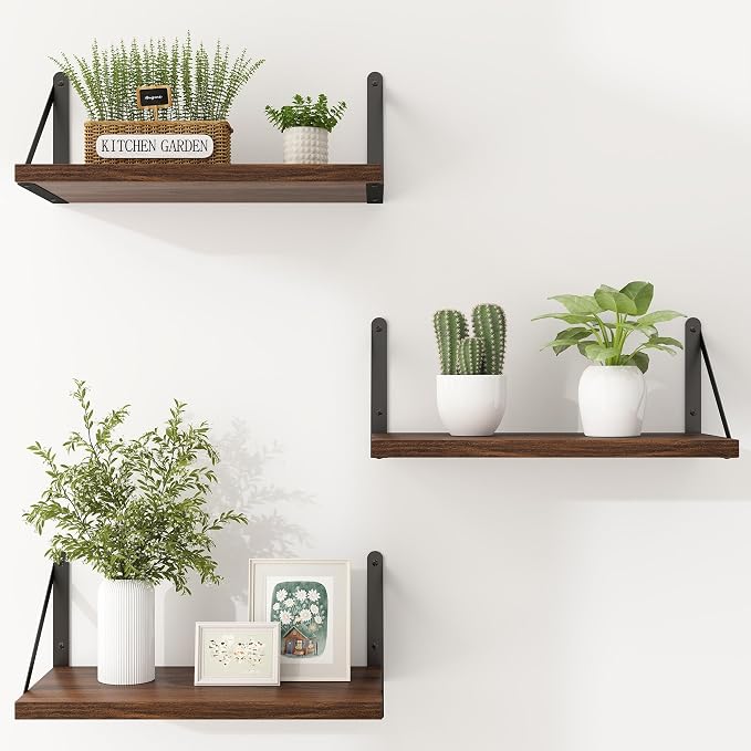 Heimlove Floating Shelves for Wall Set of 3,Light Wood Wall Mounted Bookshelf Decorative Shelf for Living Room Bathroom Bedroom Kitchen Laundry Pictures Plants Books Cats TV,Walnut Color