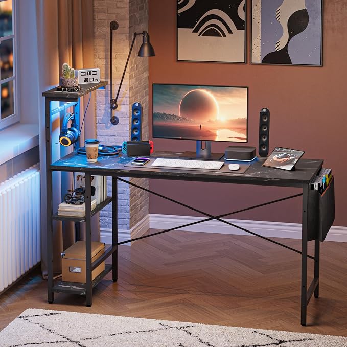 Bestier Gaming Desk with LED Lights, 51.3 Inch Computer Desk with 4 Tiers Reversible Shelves, Gamer Desk with Side Storage Bag, Hooks and Height Adjustable Shelf (Black Marble)