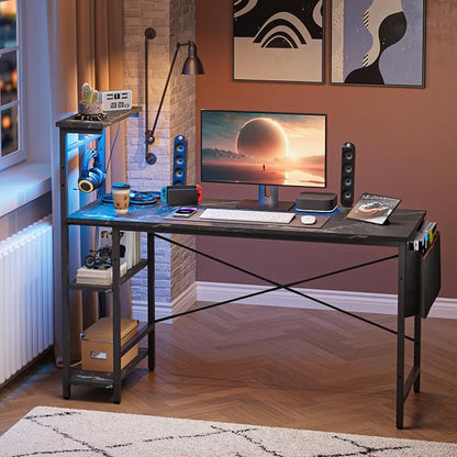Bestier Gaming Desk with LED Lights, 51.3 Inch Computer Desk with 4 Tiers Reversible Shelves, Gamer Desk with Side Storage Bag, Hooks and Height Adjustable Shelf (Black Marble)