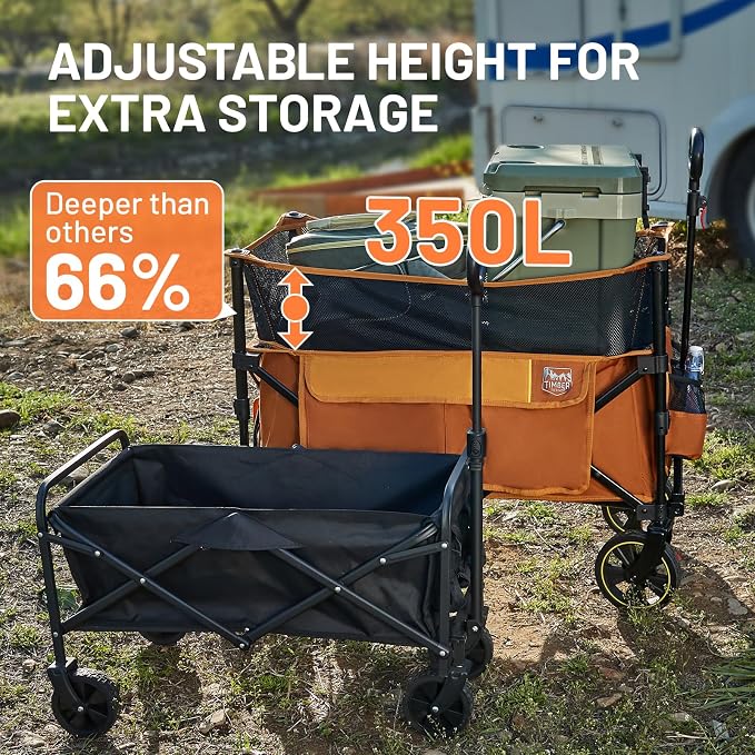 Timber Ridge Collapsible Folding Wagon 350L Extra Large with Brake, Heavy Duty Camping Utility Cart Outdoor, Extended Height Adjustable Handle, Cup Holders, Side Bag, Orange