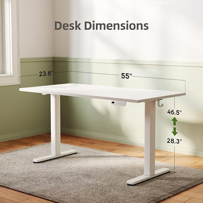 INNOVAR Electric Standing Desk, Adjustable Height Stand up Desks, 55 x 24 Inches Sit Stand up Desk for Home Office Computing, 3-Preset Memory Height Ergonomic Rising Desks, White