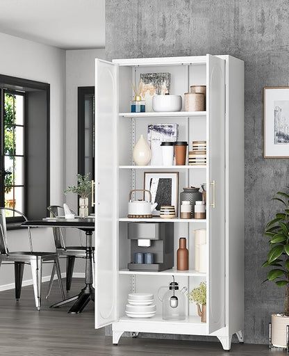 75" Tall Metal Storage Cabinet with 2 Doors and 4 Adjustable Shelves, Heavy Duty Steel Pantry Cabinet for Home Office, Kitchen, Garage and Laundry Room, White