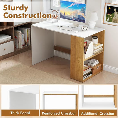 Tangkula Computer Desk, 44" Home Office Desk with 2-Tier Bookshelf, Study Writing Desk, Wooden Laptop Desk for Small Space, PC Workstation for Bedroom & Living Room (White & Natural)