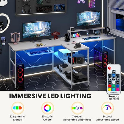 Tangkula 2-Person Reversible Computer Desk with LED Lights, 94.5” Long Office Desk with Power Outlets, Monitor Stand, Keyboard Tray & 2 Storage Shelves, Double Desk for Gaming Working Writing (White)
