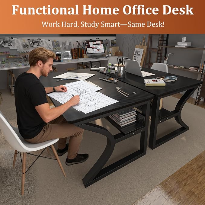 47 inch Computer Desk, Home Office Desk with Storage Shelf, Sturdy U-Shaped Metal Frame Study Table with Cable Management, Gaming Desk for Office & Bedroom (Carbon Fiber Black, 47inch)
