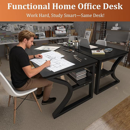 55 inch Computer Desk, Home Office Desk with Storage Shelf, Sturdy U-Shaped Metal Frame Study Table with Cable Management, Gaming Desk for Office & Bedroom (Carbon Fiber Black, 55inch)