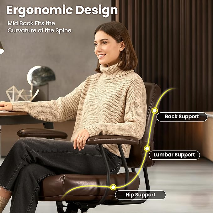 ovios Ergonomic Office Chair, Mid Back Faux Leather Executive Chairs with Thick Cushion, Comfy Mid-Century Modern Swivel Rolling Computer Armchair (Dark Brown, PU Leather)