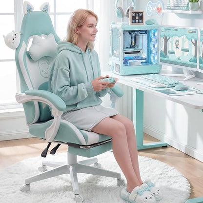Dowinx Gaming Chair with Cat Ears and Massage Lumbar Support, Ergonomic Computer Chair with Footrest and Headrest, Comfortable Reclining Game Chair 290lbs for Adults, Blue