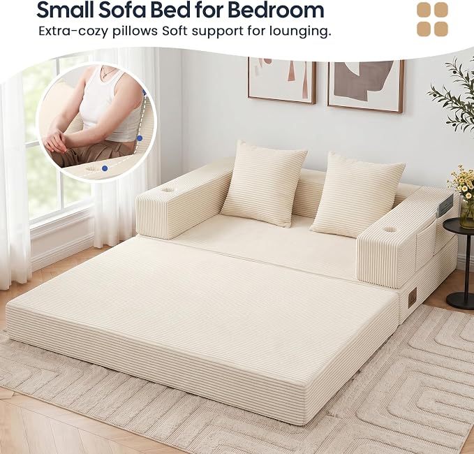 COMAX Futon Sofa Bed, 4‑in‑1 Convertible Sofa Bed, Folding Boneless Couches | Boneless Couch for living room, Fold Out Small Foldable Loveseat Floor Sleeper Mattress Lounge Space‑Saving, Beige