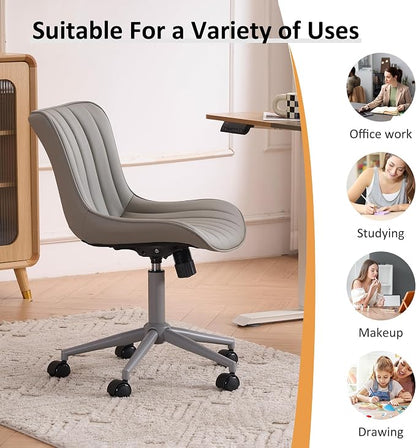 YOUNIKE Home Office Desk Chair with Wheels Armless Vanity Chair with Back Comfy Modern Leather Upholstered Rolling Task Chair Swivel Small Cute Sewing Chair No Arms Wide Adjustable Ergonomic Grey