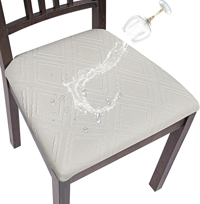 SearchI Water Repellent Seat Covers for Dining Chairs, 6 Pack Jacquard Stretch Dining Room Chair Seat Covers, Kitchen Chair Seat Covers Protectors(Beige Diamond)