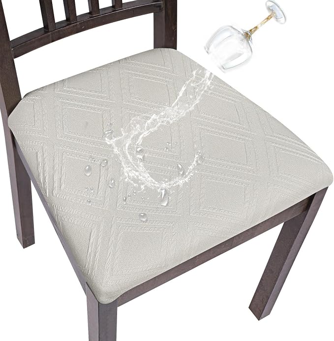 SearchI Water Repellent Seat Covers for Dining Chairs, 4 Pack Jacquard Stretch Dining Room Chair Seat Covers, Kitchen Chair Seat Covers Protectors(Beige Diamond)