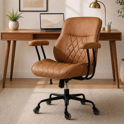 BEWISHOME Brown Leather Office Chair with Quiet Rubber Wheels | 380 lb Capacity, 22" Wide Seat, Removable Armrests, Lumbar Support ,Ergonomic Design for Home Office. Mid Century Modern