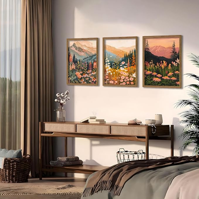 Boho Colorful Watercolor Mountain Posters Wall Art Set of 3 Wildflower Canvas Wall Decor Abstract Nature Landscape Artwork Paintings Picture Print for Living Room Bedroom Office 16x24In Unframed