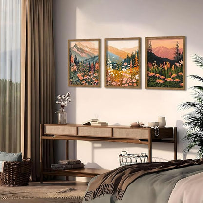 Boho Colorful Watercolor Mountain Posters Wall Art Set of 3 Wildflower Canvas Wall Decor Abstract Nature Landscape Artwork Paintings Picture Print for Living Room Bedroom Office 16x24In Unframed
