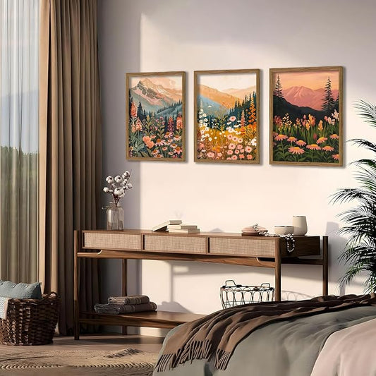Boho Colorful Watercolor Mountain Posters Wall Art Set of 3 Wildflower Canvas Wall Decor Abstract Nature Landscape Artwork Paintings Picture Print for Living Room Bedroom Office 16x24In Unframed