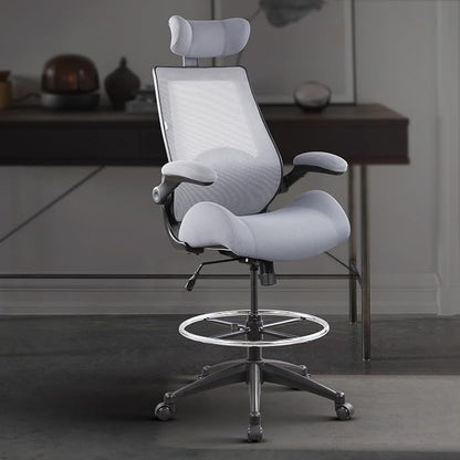 BOLISS 400lbs High Back Computer Office Drafting Chair Flip up Armrests Lumbar Support Adjustable Big Footrest Ring (Grey)