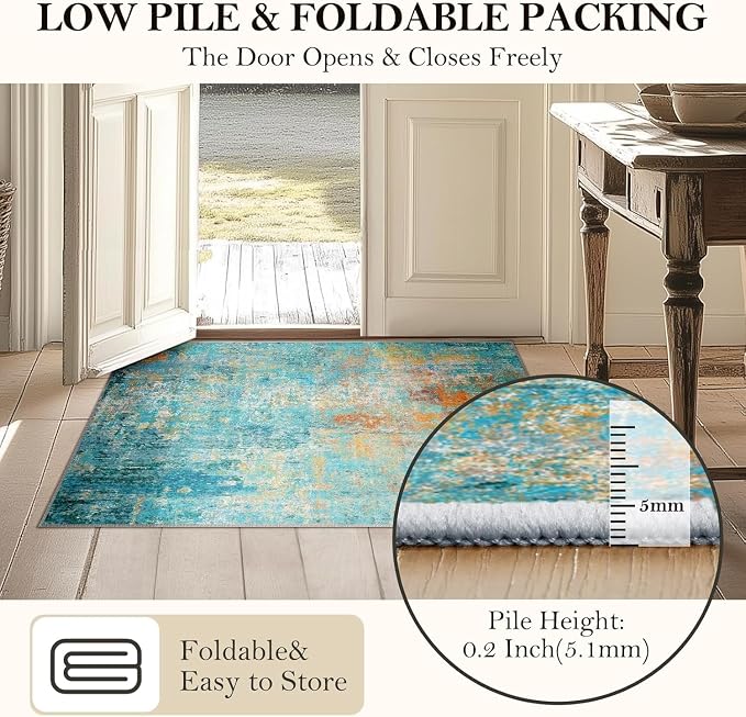 RELEANY Washable Area Rugs 4'x6' Non-Slip Modern Abstract Soft for Living Room Entryway Bedroom Kitchen, Print Pattern, Teal Blue Green Orange Rust Red Coloreful