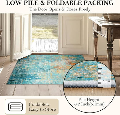 RELEANY Washable Area Rugs 6ft Non-Slip Modern Abstract Soft for Living Room Entryway Bedroom Kitchen, Print Pattern, Teal Blue Green Orange Rust Red Coloreful