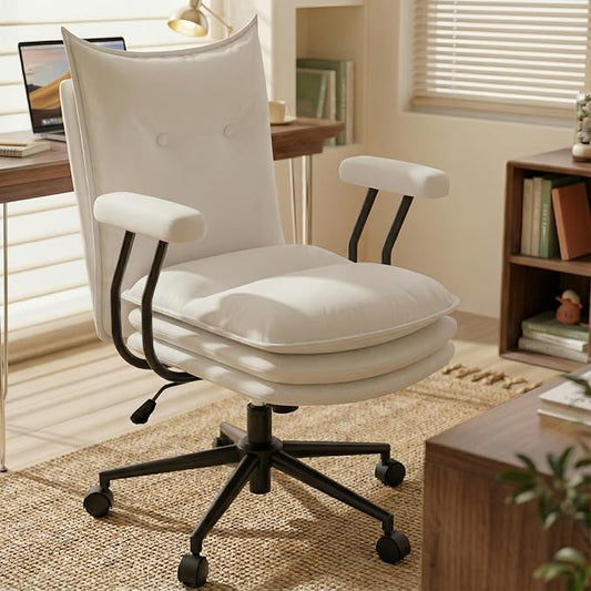 White Leather Office Chair with Triple-Layer Seat, Home Desk Chair | Comfy 7.3-inch Thick Cushion, Mid Back Ergonomic Support for Long Hours, Smooth Silent Wheels, Mid-Century Vintage Style