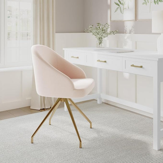 Martha Stewart Sora Stationary Swivel Task Chair with Sloped Arms for Home Office in Conch Shell Fabric with Polished Brass Frame