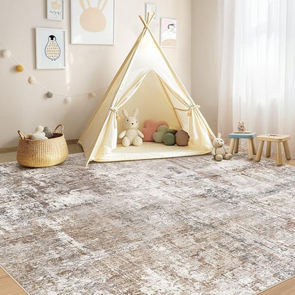 UERMEI Square Area Rugs : Washable 8x8 Neutral Modern Abstract Carpet for Living Room Bedroom - Soft Floor Mat with Non Slip Backing for Kitchen Nursery Dorms Farmhouse Home Decor - Brown/Grey/Red