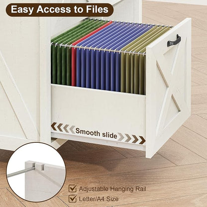 Halitaa 2 Drawer File Cabinet, Farmhouse Lateral Filing Cabinet Fits Files Letter or A4 Size, Wooden Printer Stand with Open Storage Adjustable Shelf for Home Office, Rustic White
