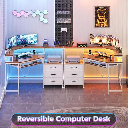 YOMILUVE Small Corner Desk with Drawers, Corner Gaming Desk with Power Outlets & Printer Shelf for Small Space, Triangle Computer Desk with LED Lights, Keyboard Tray and Monitor Stand, Brown and White