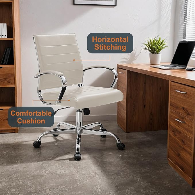 LeisureMod Benmar Leather Office Desk Chair, Mid-Back Ergonomic Swivel Chair with Lumbar Support, Adjustable Height, Tilt Lock, Cushioned Seat & Back, Home Office Task Chair (Tan, Pallet)