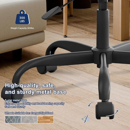Misolant Vanity Chair with back, Small Armless Cute office Chair with wheels and Lumbar support, Comfy PU Leather Desk Computer Chairs with Adjustable Height, 360°Swivel for Home Bedroom Office, Black