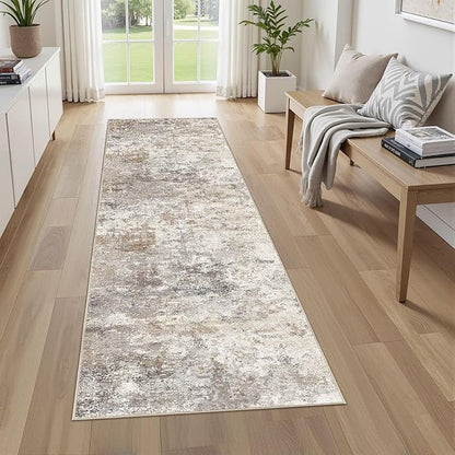 UERMEI 3x8 Washable Runner Rug for Hallway, Non Slip Low Pile Kitchen Carpet, Neutral Modern Abstract Indoor Floor Mat for Entryway Laundry, Kid & Pet Safe High Traffic Area, Brown Grey